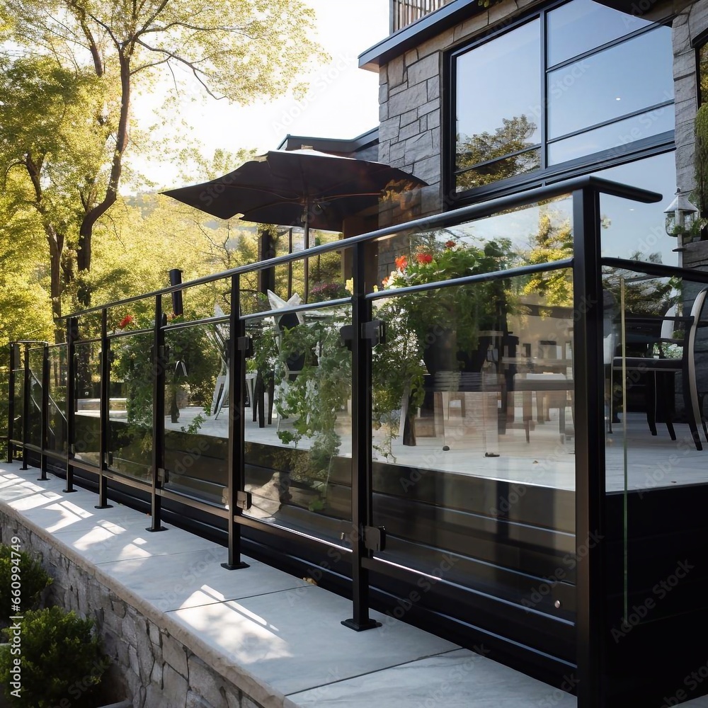 Fototapeta premium Metal railings and glass wall in modern city. 