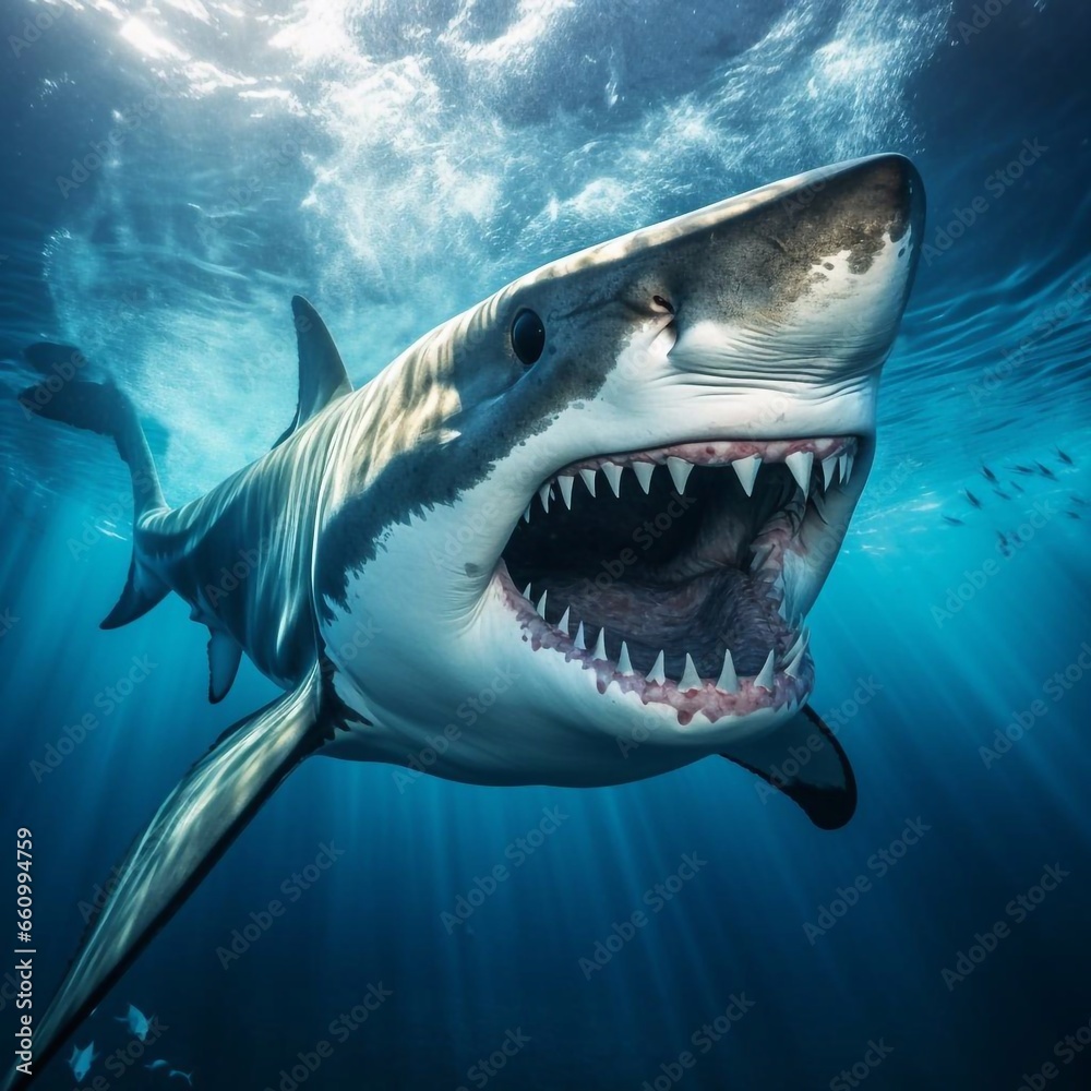 Fototapeta premium Grand white shark in deep sea