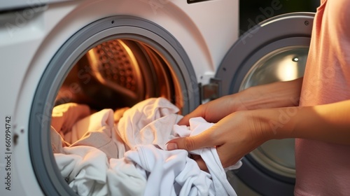 Wash Cycle Complete: Woman's Hands Gathering Cleaned Clothes. Generative AI