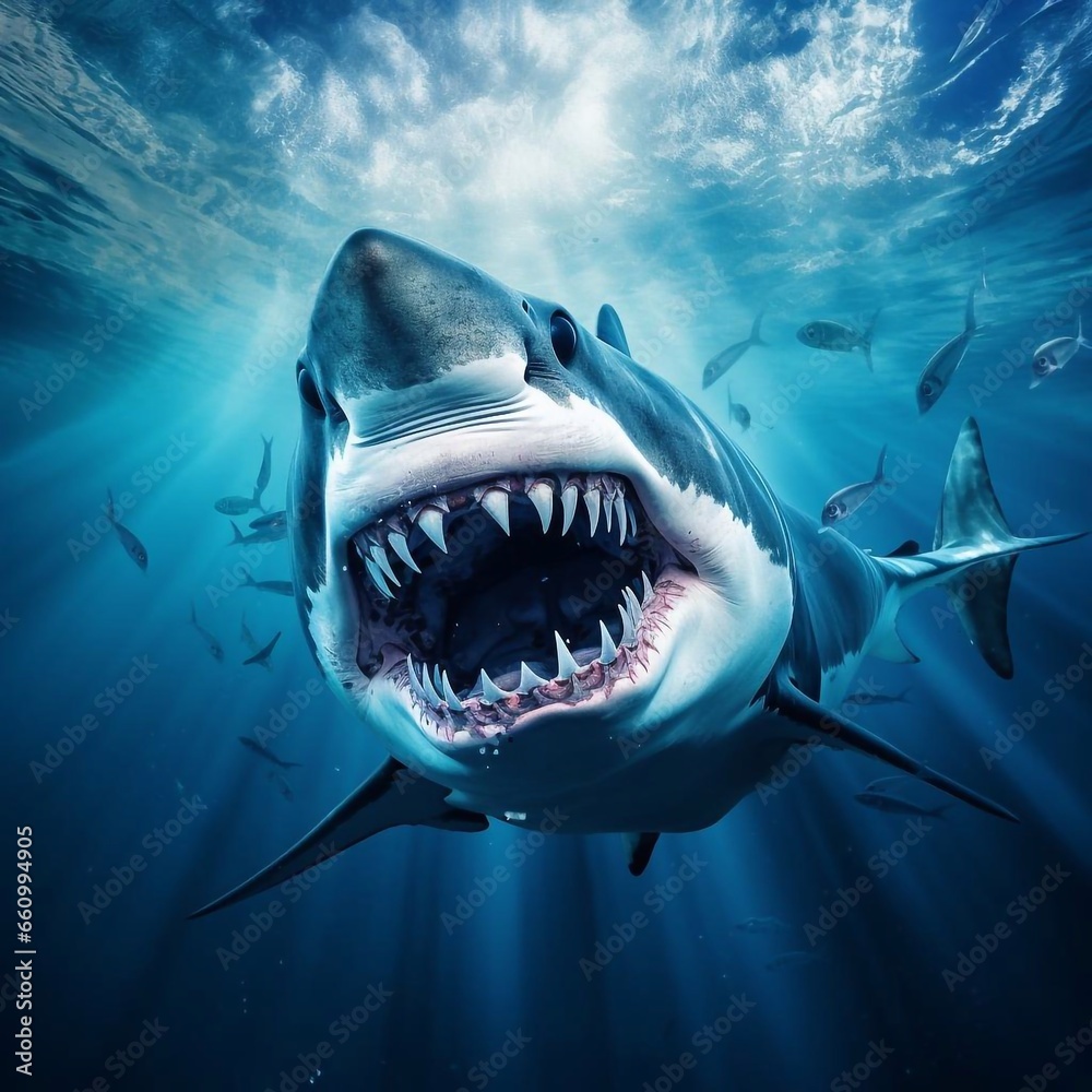 Fototapeta premium Grand white shark in deep sea