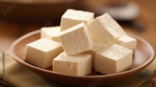 Traditional national Indian dish Paneer cheese cubes in a wooden bowl.