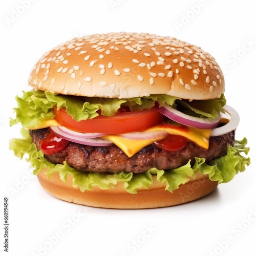 Tasty burger with meat and vegetables isolated on background © Mykhaylo