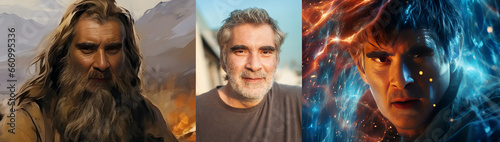 Generative AI examples collage. Photo image before and after artificial intelligence photography post-production and manipulation. Sample of creative editing process. Original vs AI comparison