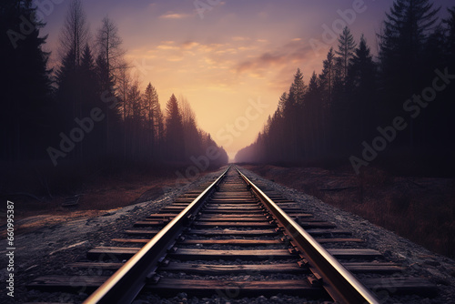 Railroad tracks winding through a green forest