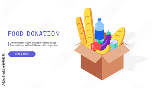 Food in carton box. Cartoon poster with food donation for banner design. Isometric vector.