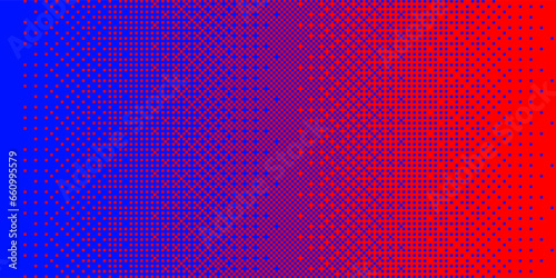 Red fade on blue pixel gradient with dithering. Halftone wave vector background with squares texture. photo