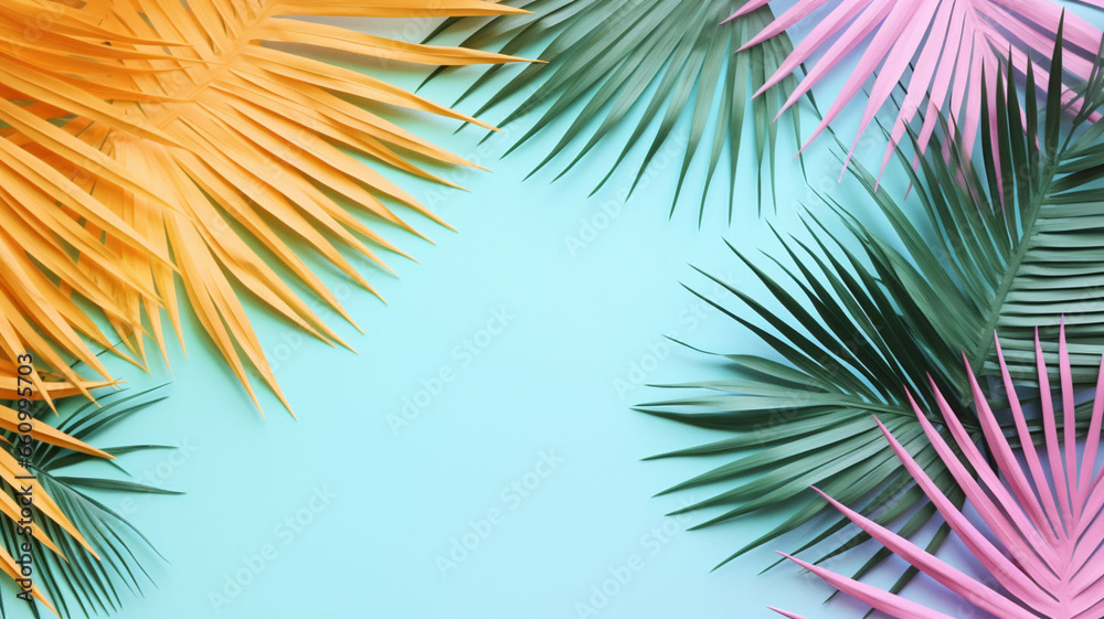 Blue Horizon Palms: Aerial 3D Render of Colorful Palm Tree Leaves on Blue Wall, Perfect for Product Placement and Dynamic Advertising 
