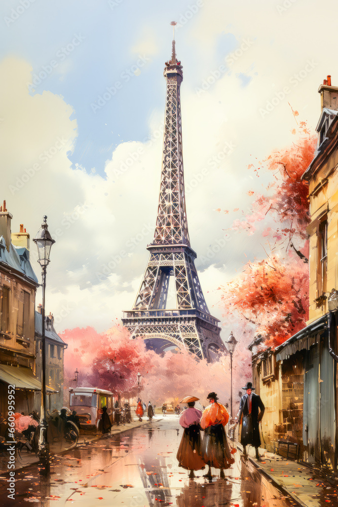 Nostalgic Parisian poster featuring the Eiffel Tower.