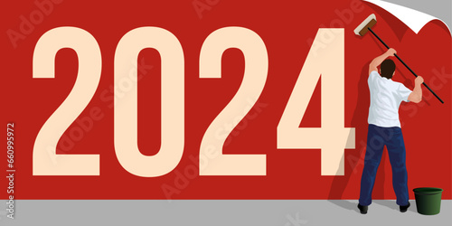 Carte de vœux 2024 pour présenter un événement avec un homme qui annonce l’année 2024 en collant une affiche sur un mur.