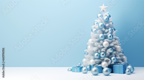 Merry Christmas holiday celebration greeting card background - Frozen white christmas tree with snow, blue christmas baubles ornaments and gift boxes on floor photo