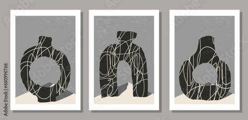 Set of abstract hand drawn vase poster, trendy modern design