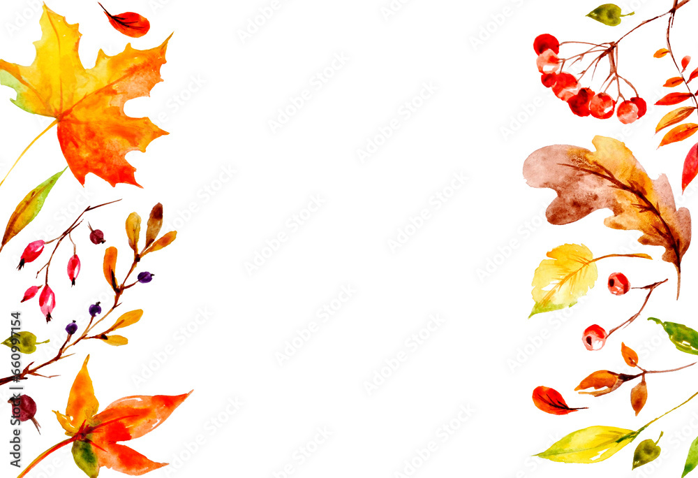 Frame with watercolor autumn leaves and berries Frame with watercolor autumn leaves and berries