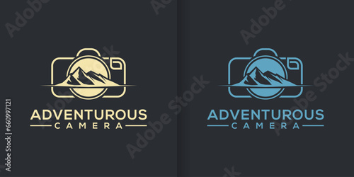 Mountain river landscape photographer logo with camera. simple minimalist photography film studio design vector