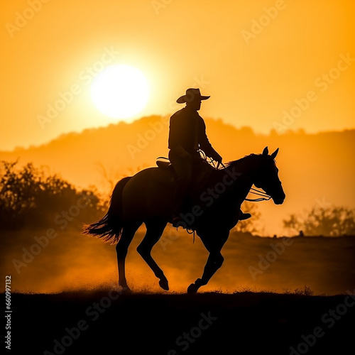 Silhouette of a cowboy on a horse against the background of the setting sun © Roman
