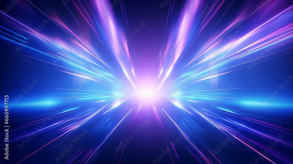 Obraz premium Neon Cyberwave: 3D Rendered Abstract Glowing Cyberpunk Lights on a Dark Blue Background, Visualizing the Swift Flow of Technology and Data at the Speed of Light 
