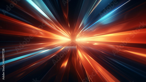 Luminous Velocity: 3D Rendered Abstract Glowing Neon Orange Lights on a Dark Black Background, Depicting the Swiftness of Technology Flow and Data at the Speed of Light 