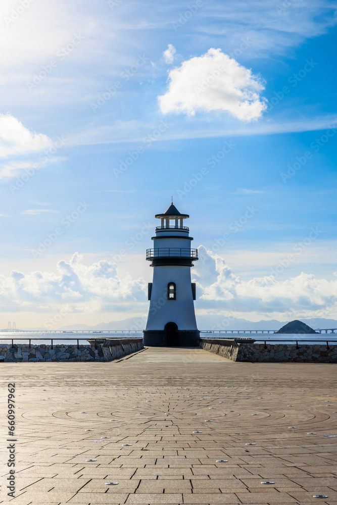 Round square floor and lighthouse building on the seaside in Zhuhai, Guangdong Province, China.