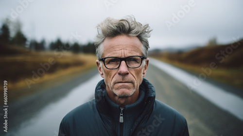 Fotografia, Obraz Homme sérieux aux cheveux ébouriffés sur une route déserte.