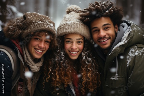 A group of happy friends enjoying winter snow together. Generated AI