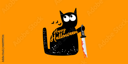 Happy halloween greeting card or banner with Black cat holding bloody knife isolated on orange background. Funny Halloween black cat holding a bloody knife . Halloween vector design template