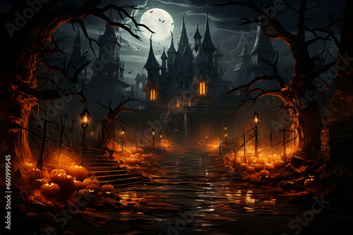 Eerie Halloween Scenes: Glowing Pumpkin Lanterns, Moonlit Mystic Forests, Graveyard with Spooky Pumpkins, & Atmospheric Haunting Backdrops. Ai Generative