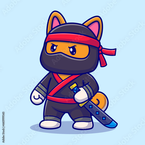 Cute Shiba Inu Dog Ninja With Sword Katana Cartoon Vector
Icon Illustration. Animal Holiday Icon Concept Isolated
Premium Vector. Flat Cartoon Style