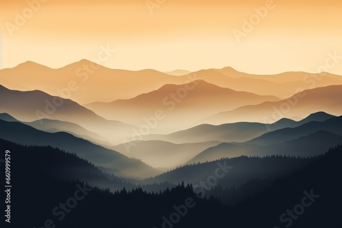 Landscape forest mountains nature adventure travel background panorama - Illustration of dark blue orange silhouette of valley view of forest fir trees and mountains peak