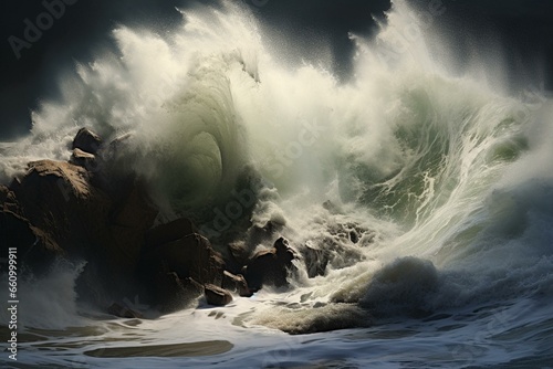 A print of a wave crashing against rocks. Generative AI