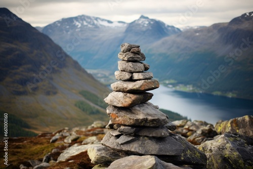 An emotional cairn amidst majestic mountains. Perfect for symbolic imagery. Generative AI © Phoenix