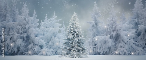 Tranquil winter wonderland backdrop, capturing a snow-covered fir tree illuminated by Christmas toys. Ideal space left for a festive greeting. generative AI © yj