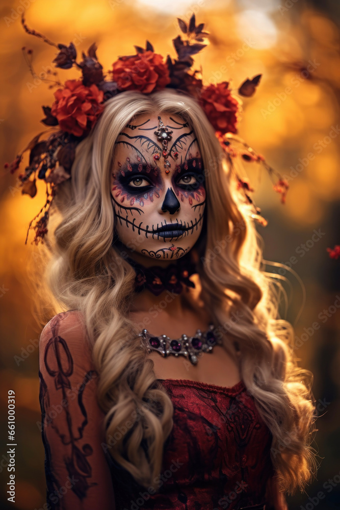Fashion makeup for the Day of the Dead or Halloween in red colors