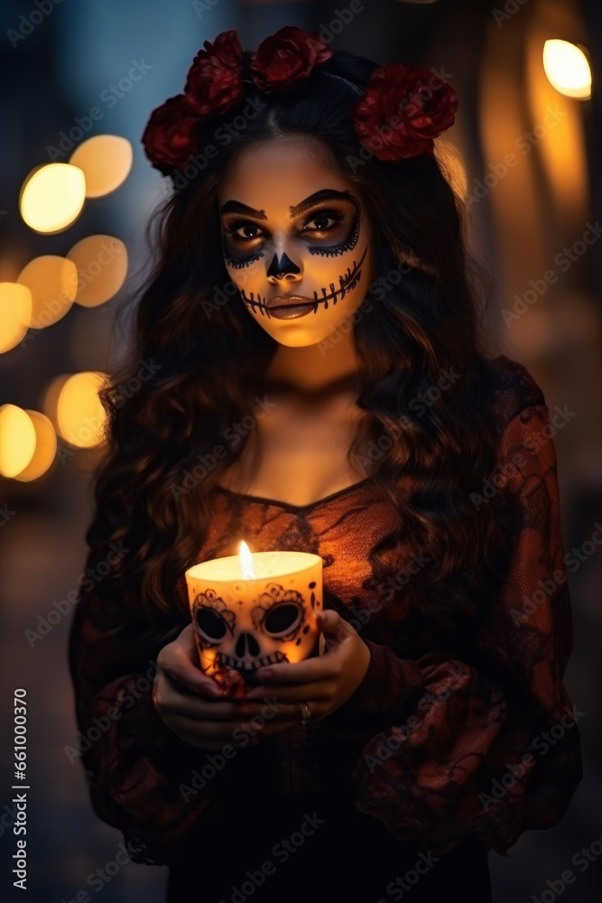 Fototapeta premium Fashion makeup for the Day of the Dead or Halloween in red colors