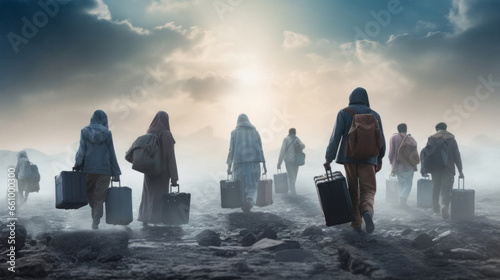 Refugees walking with bags and suitcases. War zone, homeless seeking asylum