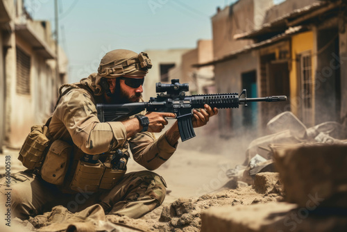 A soldier with an automatic weapon among the destruction aims at the enemy photo