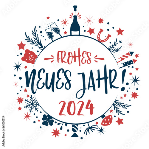Frohes neues Jahr 2024 - Neujahrsgrüße rund  Kalligrafie - deutscher Text blau und rot