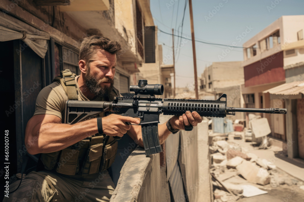 A soldier with an automatic weapon among the destruction aims at the enemy A soldier with an automatic weapon among the destruction aims at the enemy