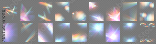 Crystal light glasses effect sparkle prism glare reflection effect. Banner optical rainbow lights, glare, leak, streak overlay. falling confetti. Vector banner colorful vector lenses and light flares.
