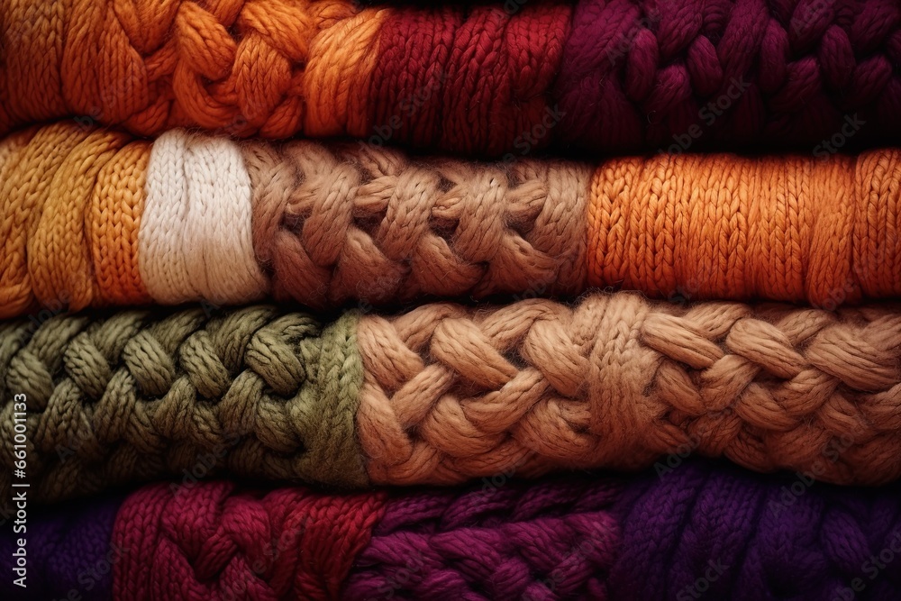 Stack of knitted colorful warm sweaters. Wool fabric texture. Closeup macro shot. Background design. Generative Ai