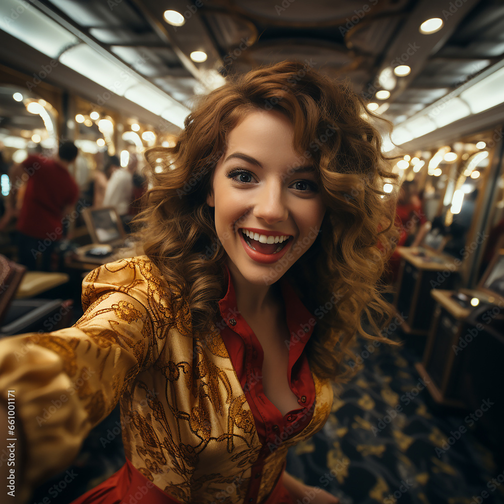 Cheerful girl takes a selfie in the slot machine hall of a casino Cheerful girl takes a selfie in the slot machine hall of a casino