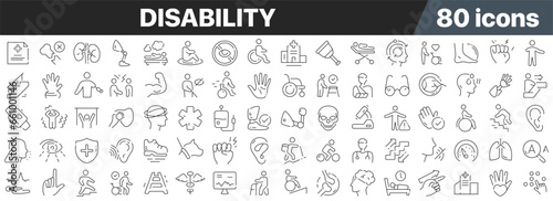 Disability line icons collection. Big UI icon set in a flat design. Thin outline icons pack. Vector illustration EPS10