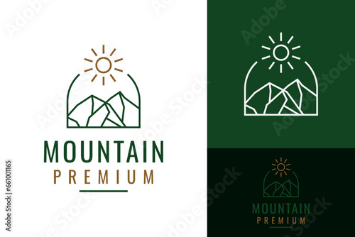 Simple Minimalist Retro Hipster Rocky Mountain Badge Emblem Sun Logo Design Branding Template