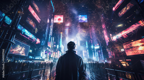 Back view of a man standing in front of a city with neon lights