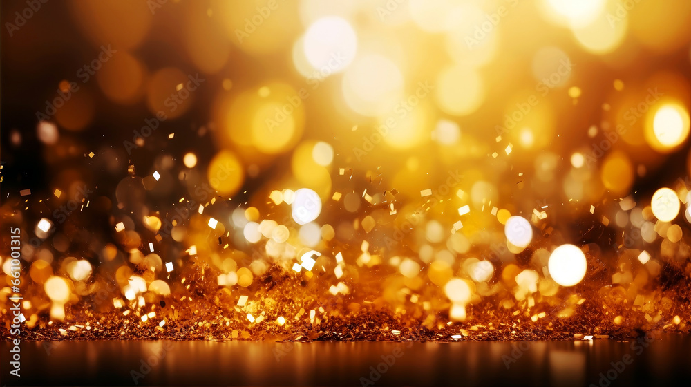 Abstract gold shiny Christmas background with bokeh. Holiday bright golden dust. Blurred backdrop with particles. Abstract gold shiny Christmas background with bokeh. Holiday bright golden dust. Blurred backdrop with particles.