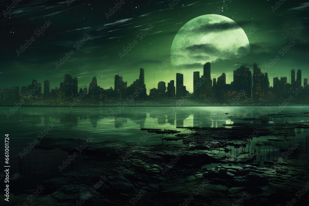 far distance city at night green tint 