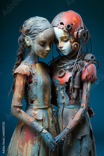 Vintage rusty female robots evoke nostalgic melancholy.