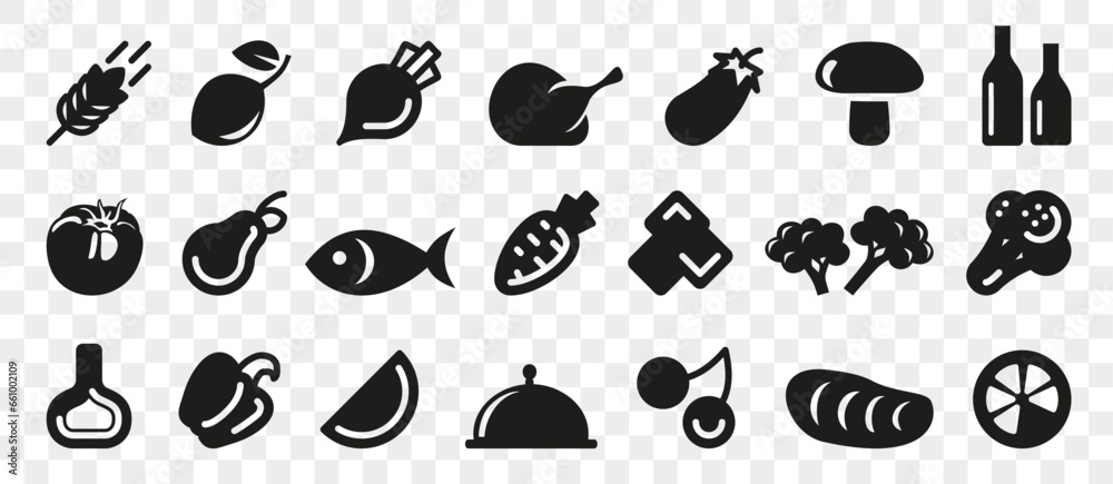 Foodstuff icon collection in black. Food icon set. Chicken, meat, fruits, vegetables icons set Foodstuff icon collection in black. Food icon set. Chicken, meat, fruits, vegetables icons set