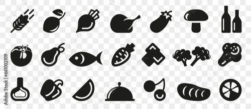 Foodstuff icon collection in black. Food icon set. Chicken  meat  fruits  vegetables icons set