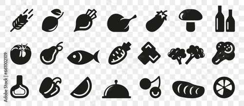 Foodstuff icon collection in black. Food icon set. Chicken, meat, fruits, vegetables icons set