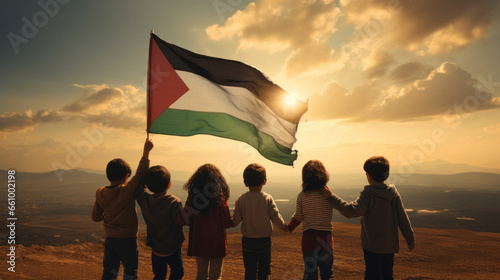 Children with Palestine flag. Symbol for patriotism, freedom, and growth concept