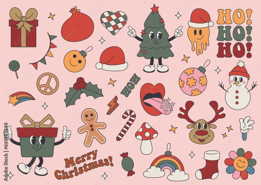 Groovy christmas set, collection of trendy retro hippie stickers. Santa Claus, Christmas tree, gifts, rainbow, peace, holly jolly vibes, gifts, ho ho ho, gingerbread in trendy retro cartoon style